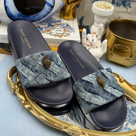 🆕 KURT GEIGER LONDON 🧿 NWOB Blue Denim Meena Eagle Slides, Sz EU 39 US 8.5 - Picture 4 of 11